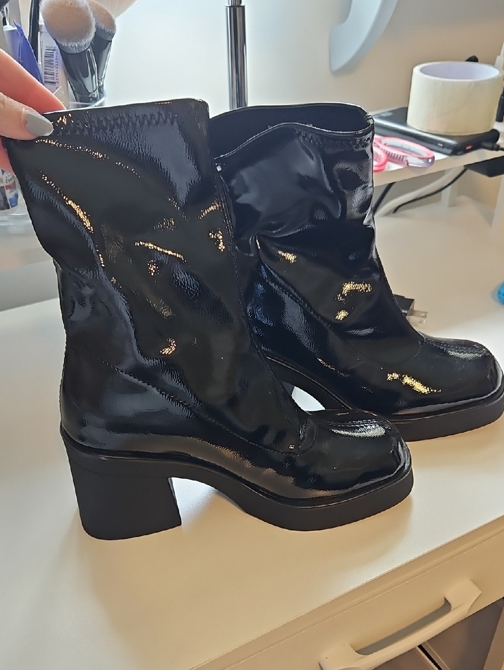 Black Patent Platform Block Heel Boots
